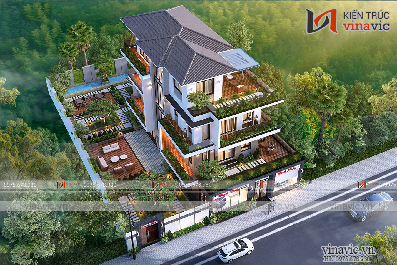 Toàn cảnh mẫu nhà 3.5 tầng đẹp có sân vườn rộng