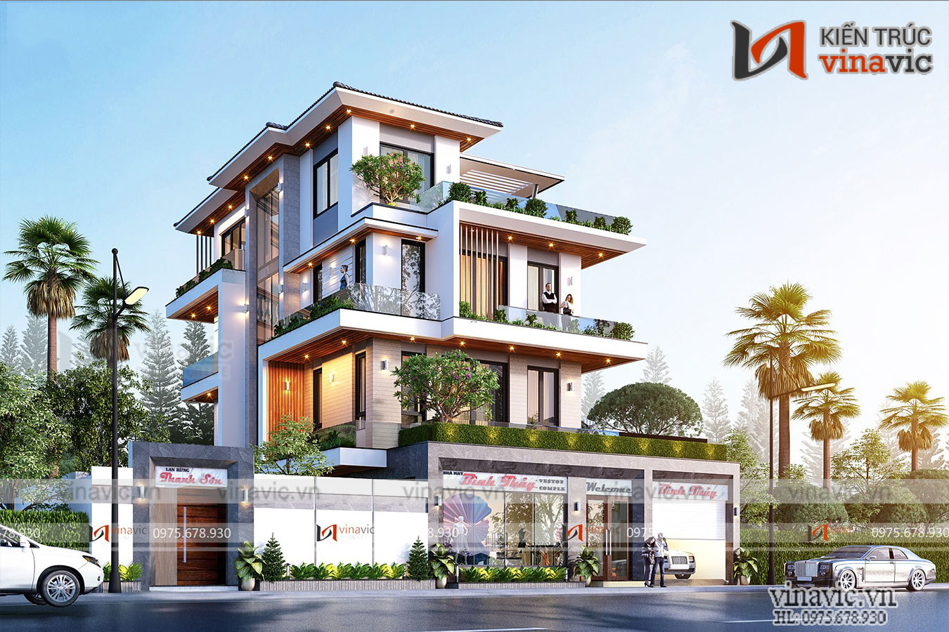 Phối cảnh mặt bên toà nhà chính 3.5 tầng kiến trúc phi đối xứng 