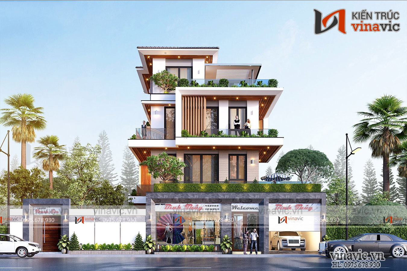 Các hình khối kiến trúc mặt tiền mẫu nhà 3.5 tầng đẹp độc đáo 